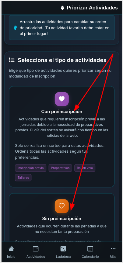 App: elegir tipo de actividad
