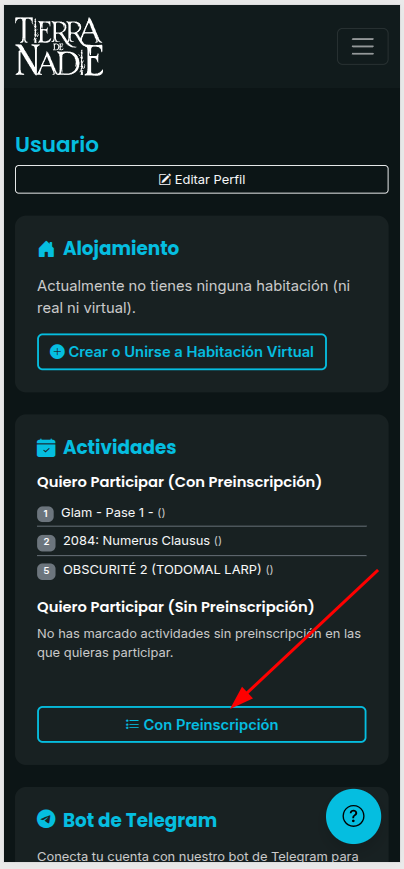 Panel de usuario en el m&oacute;vil: bot&oacute;n Con Preinscripci&oacute;n