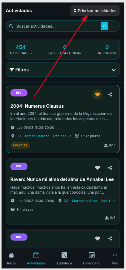 App: bot&oacute;n Priorizar actividades