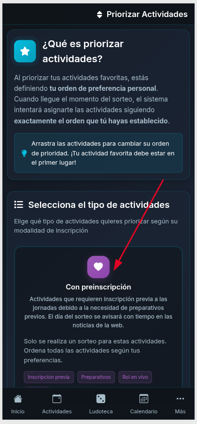App: elegir Con preinscripci&oacute;n