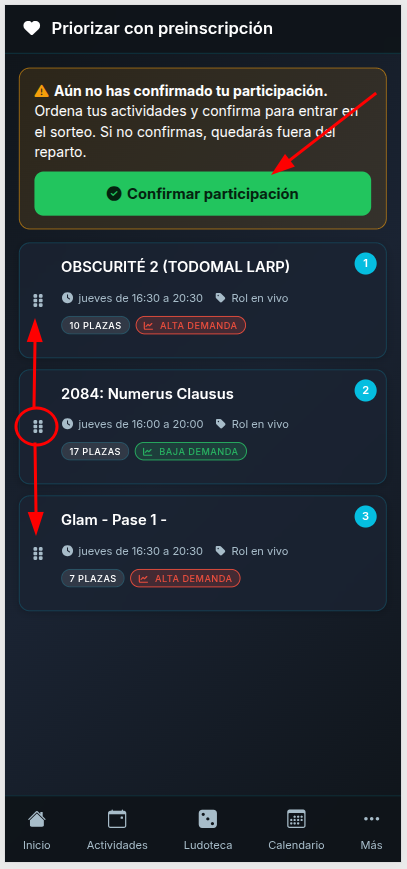 App: ordenar y Confirmar participación