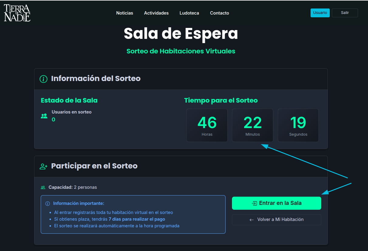 Sala de espera: cuenta atrás y botón Entrar en la Sala